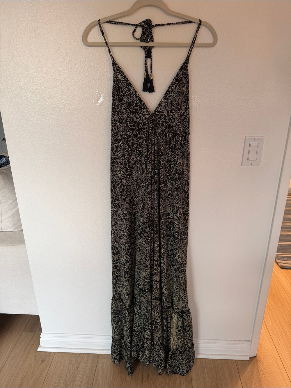 Black Floral Halter Maxi Dress with Metallic Detail